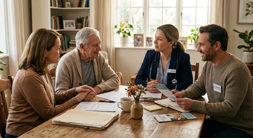 A compassionate doctor and a social worker consulting with a senior and their adult family member ar