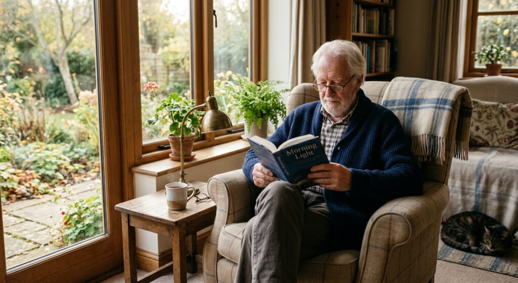 An elderly person sitting in a cozy armchair by a window reading a book, soft natural morning light,