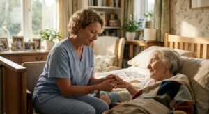 A heartwarming scene of a gentle hospice nurse holding the hand of an elderly patient resting peacef