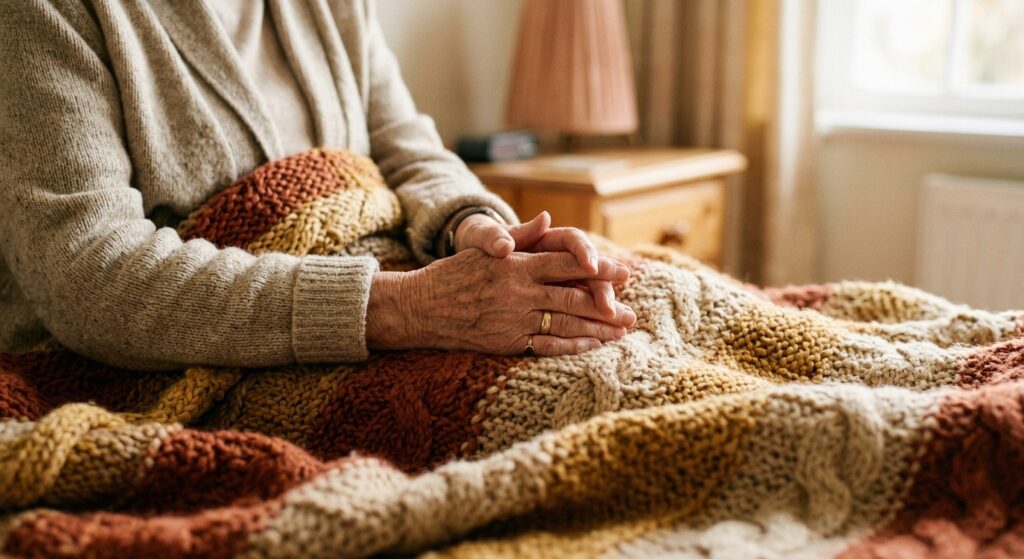 Close-up of a senior patient’s hands resting on a knitted quilt, conveying themes of comfort, care,