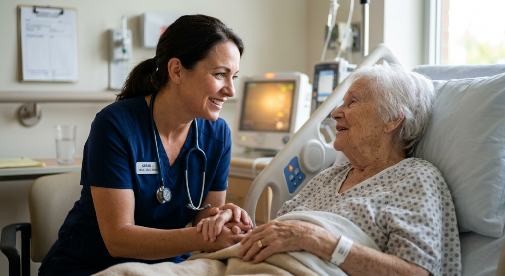 Close-up shot of a caring professional nurse speaking kindly to a senior patient at a bedside, genui