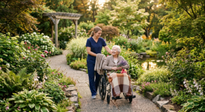 A serene outdoor garden setting where a hospice caregiver takes a stroll with an elderly patient in