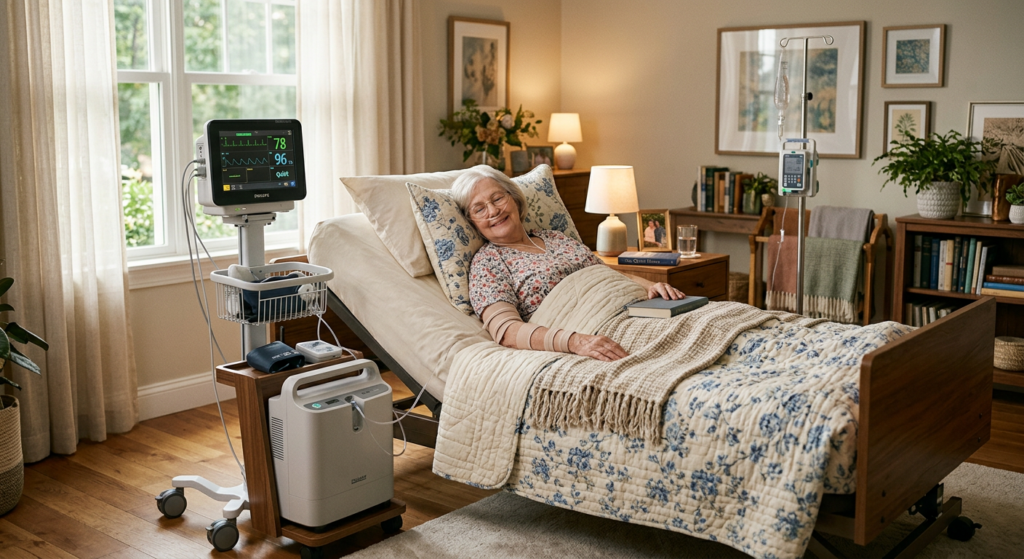 A focus on a warm, well-lit medical home care environment featuring modern bedside equipment integra