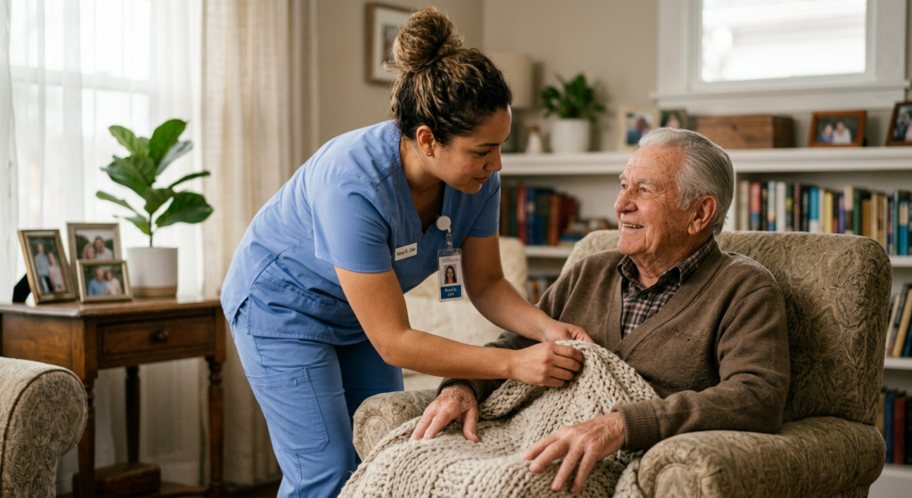 Professional healthcare worker adjusting a cozy blanket for an elderly man in a comfortable living r